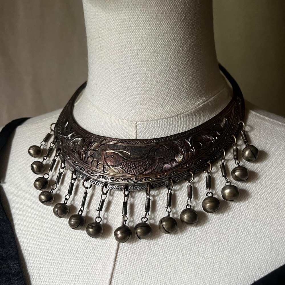 Vintage Handmade Engraved Fish Collar Necklace Bells Artisan Statement